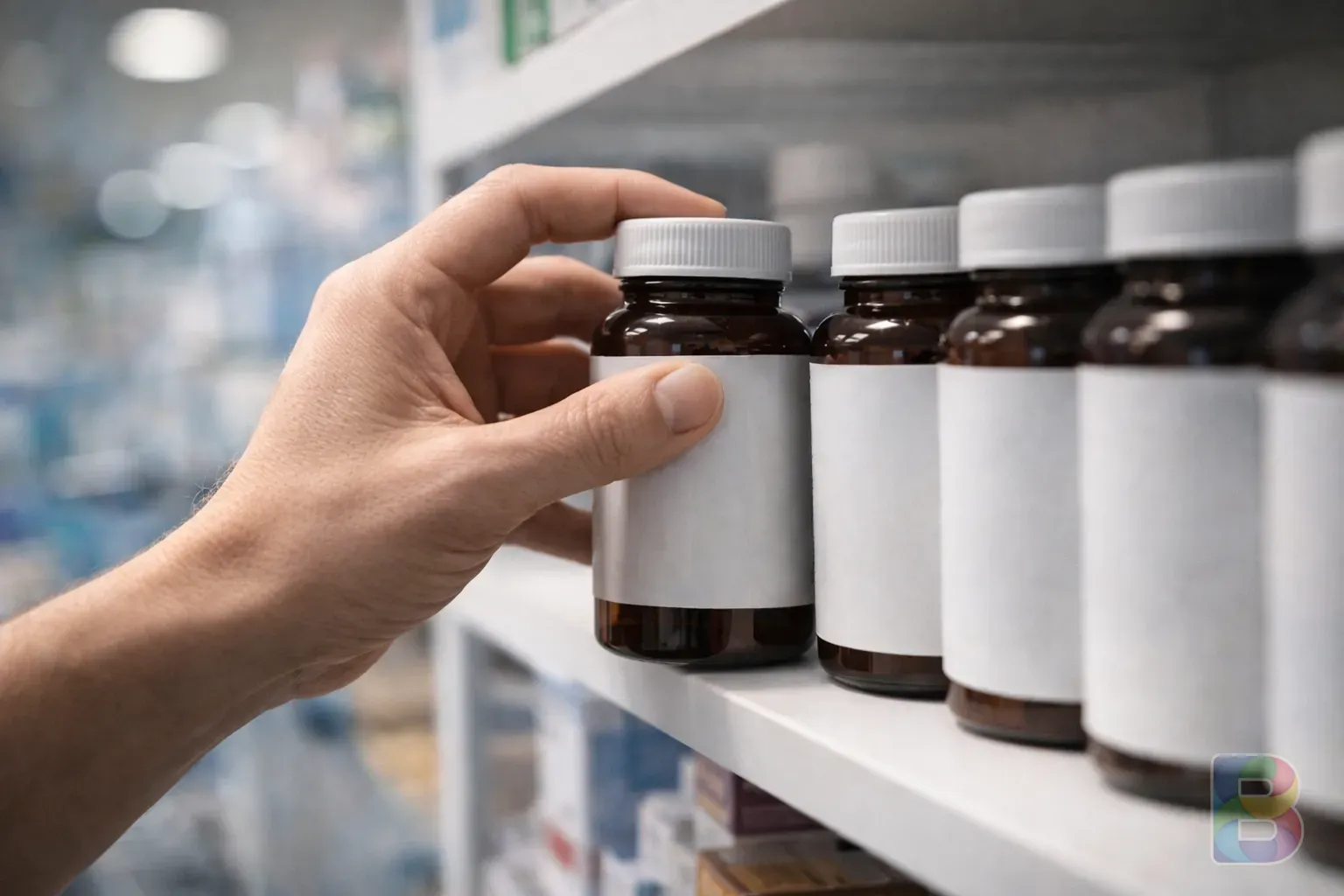 photorealistic, close-up of a person's hand picking a supplement bottle from a shelf, blurred pharmacy background, soft clinical lighting