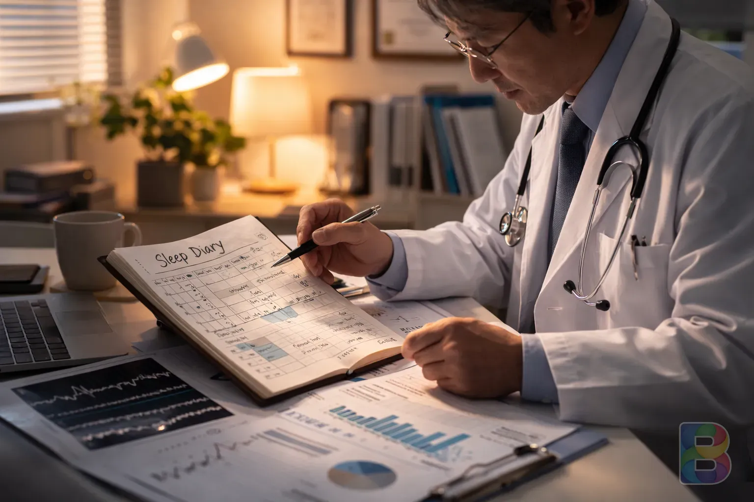 photorealistic, a doctor looking at a patient's sleep diary and medical charts in a bright office, professional and caring atmosphere
