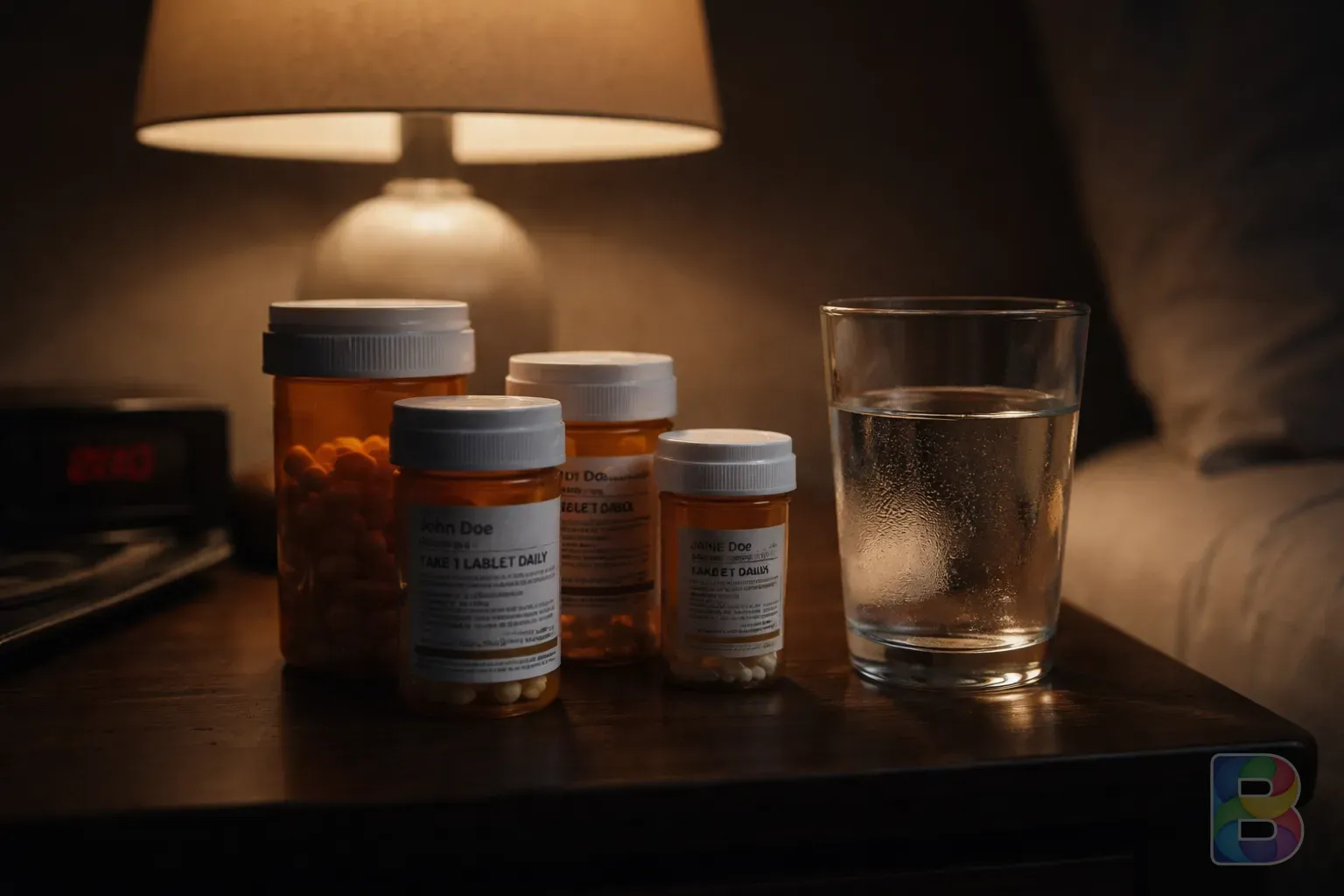 photorealistic, close-up of various prescription pill bottles and a glass of water on a bedside table, soft lamp light, moody clinical atmosphere