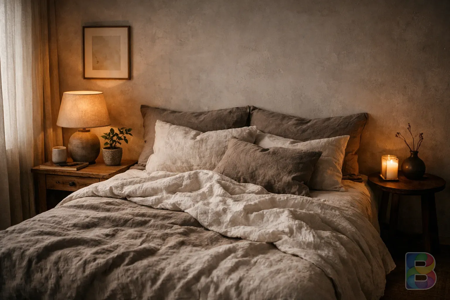 photorealistic, a peaceful bedroom interior with organic linen bedding, a small plant, and warm dim lighting, high-end lifestyle photography, zen vibe