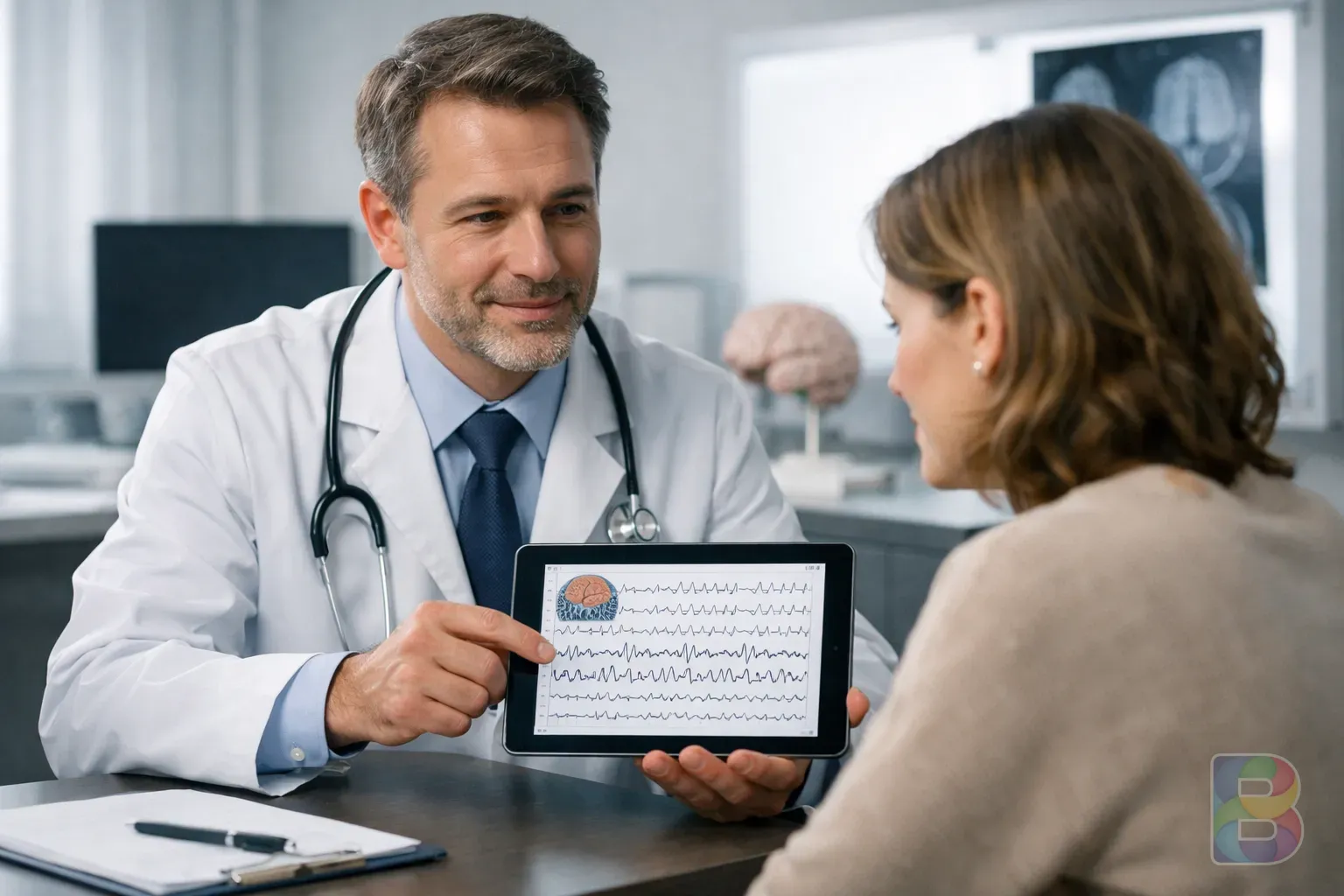 photorealistic, a professional doctor consulting with a patient in a modern office, showing a brain wave chart on a tablet, bright clinical lighting, reassuring mood