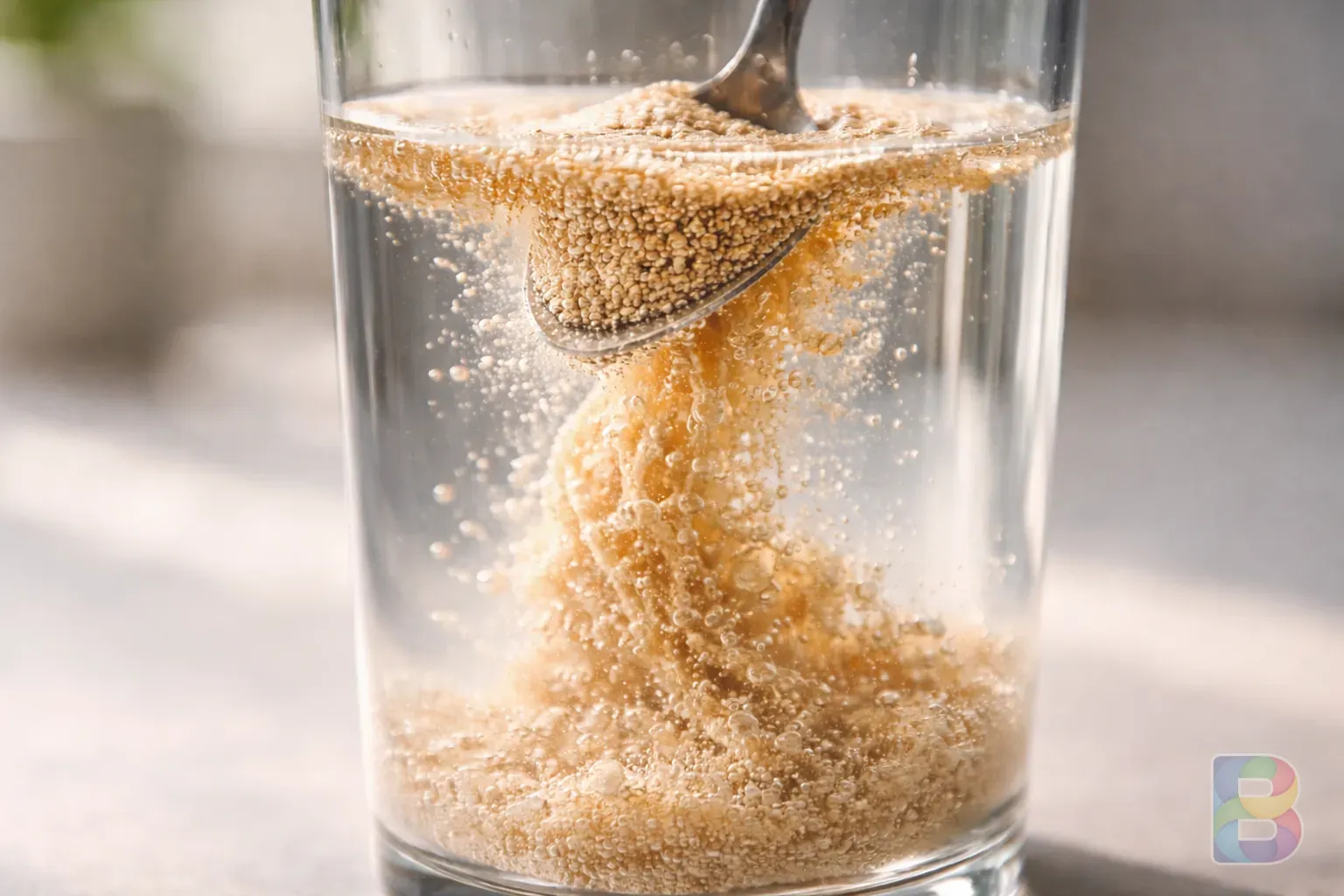 photorealistic, macro shot of fiber-rich powder dissolving in a glass of water, soft bubbles, clean aesthetic, cinematic lighting