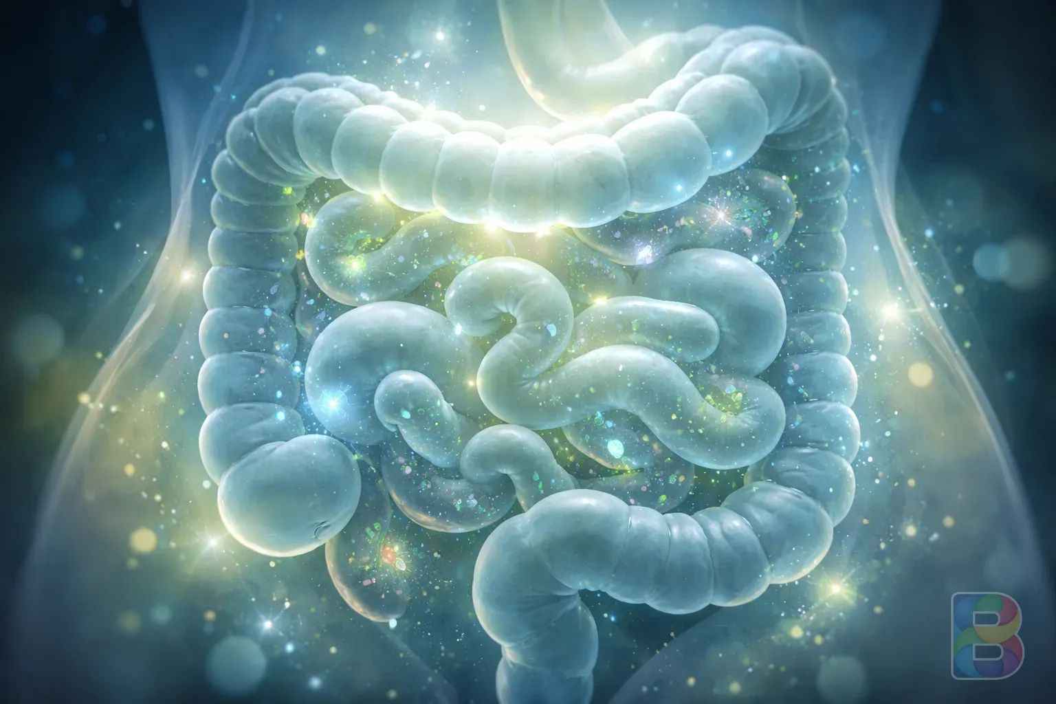 photorealistic, interior shot of a healthy gut representation using abstract soft shapes and light, glowing blue and green tones, cinematic lighting