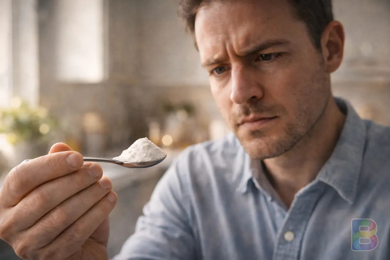 photorealistic, a person looking at a small spoon of white powder with a thoughtful expression, bright kitchen background, cinematic lighting
