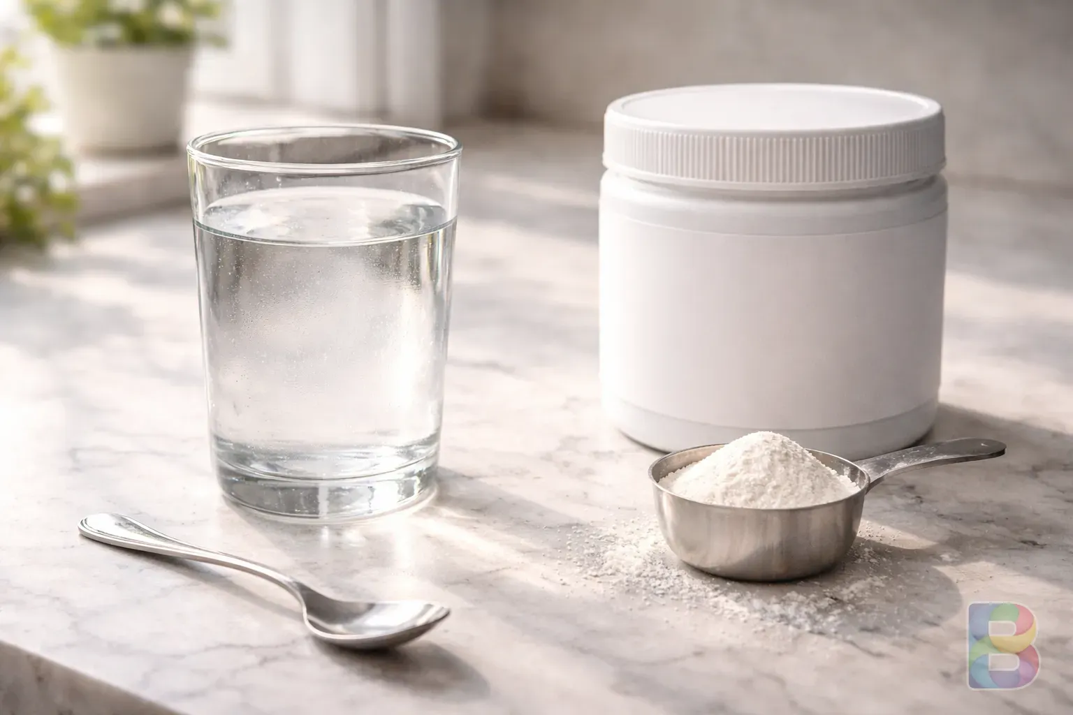photorealistic, a glass of water, a spoon, and a container of powder on a marble counter, clean minimalist style, cinematic lighting