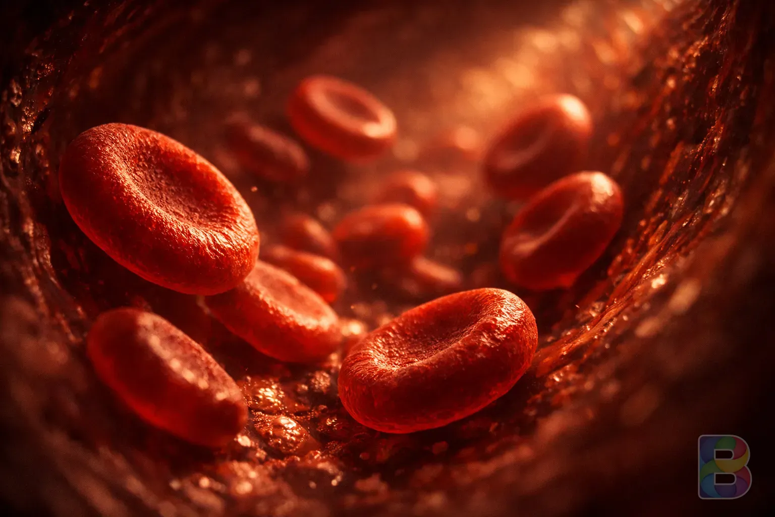 photorealistic, detail shot of microscopic red blood cells flowing in a vein, cinematic lighting, medical visualization, deep red and amber tones