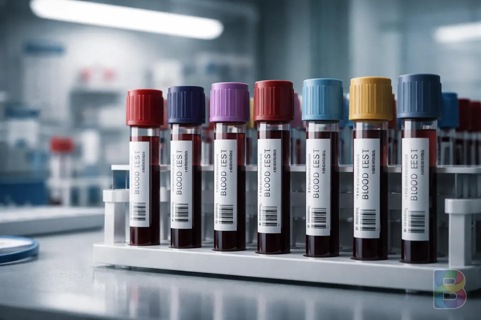 photorealistic, professional blood test tubes with labels in a laboratory setting, soft clinical lighting, clean and organized, high detail