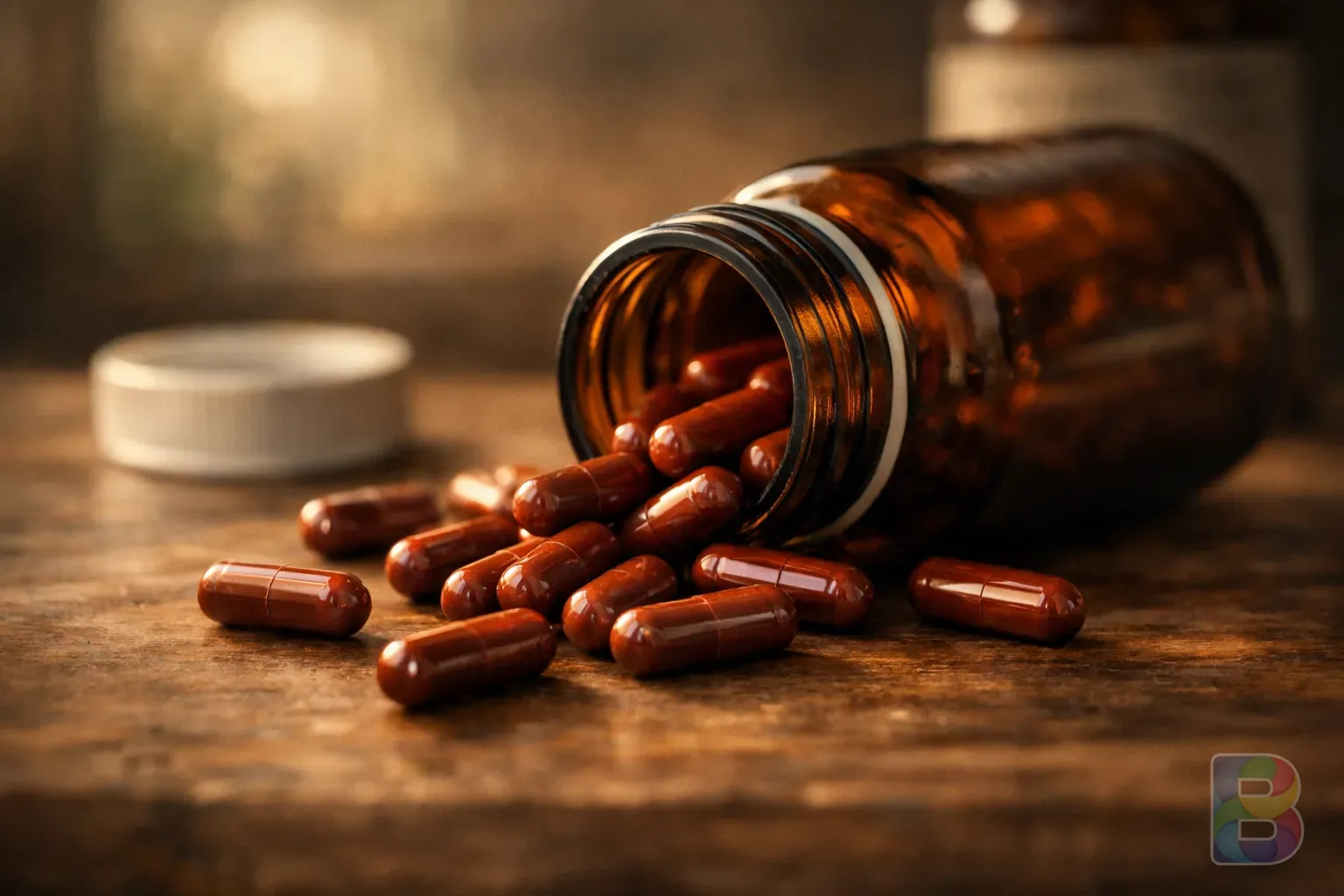 photorealistic, iron supplement capsules spilling out of a brown bottle onto a wooden surface, soft natural light, cinematic lighting, warm tones