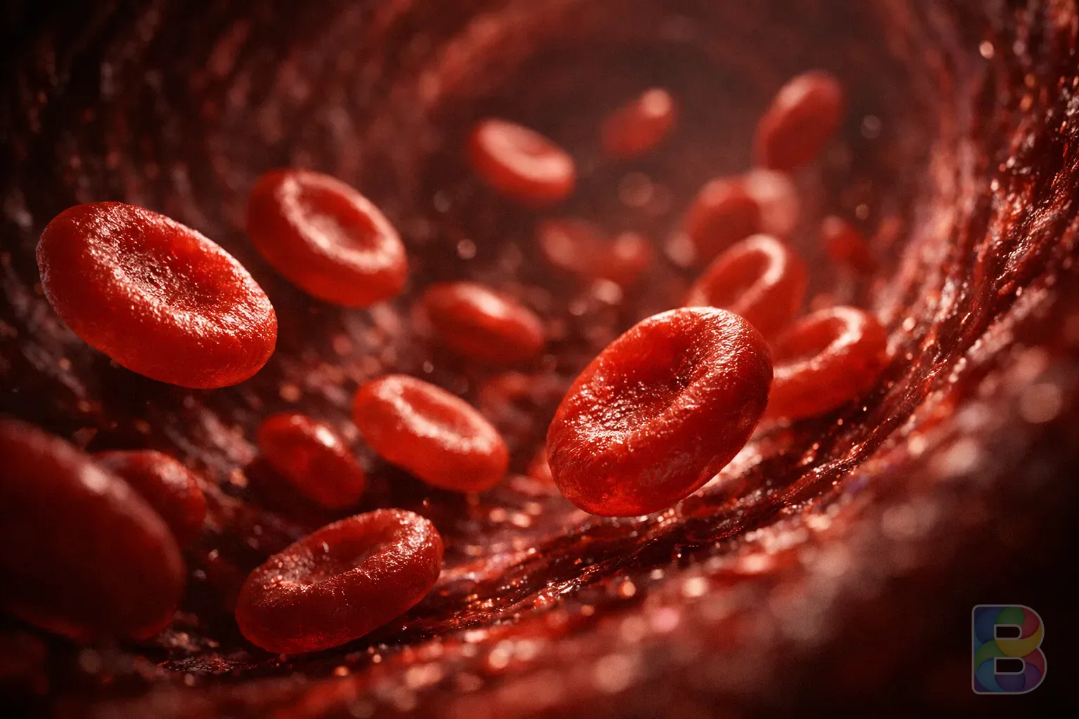 photorealistic, macro shot of red blood cells flowing through a vein, 3d render style, cinematic lighting, deep red tones, scientific but artistic