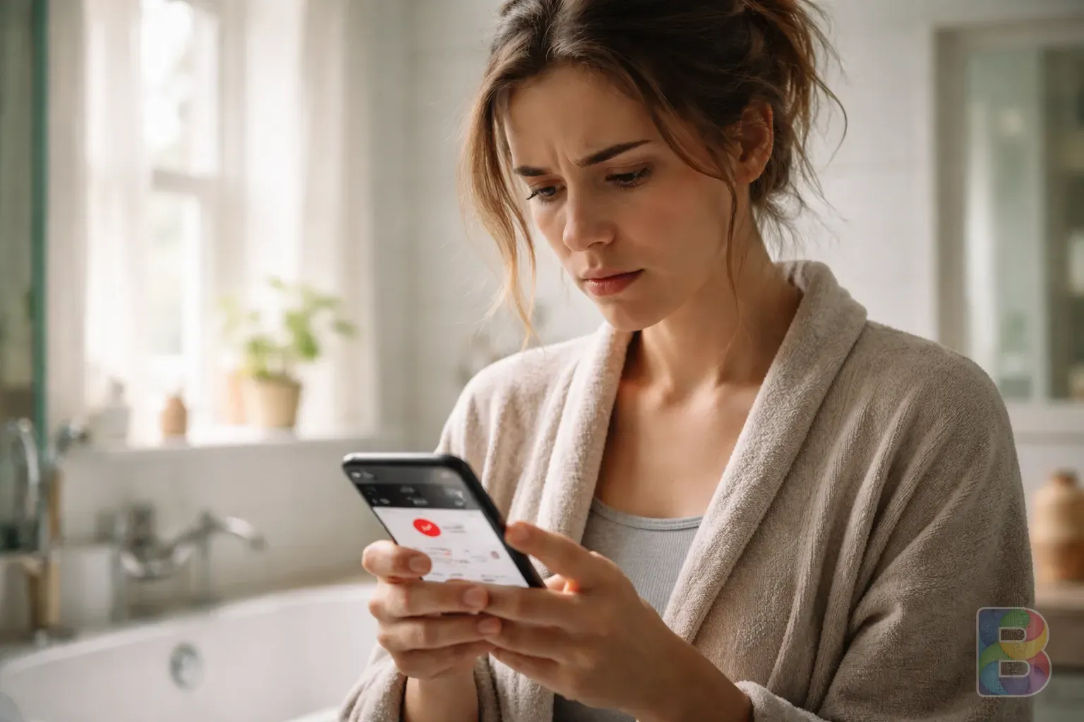photorealistic, detail shot of a person looking concerned while checking a health app on their phone in a bright bathroom, soft focus background, realistic lifestyle mood