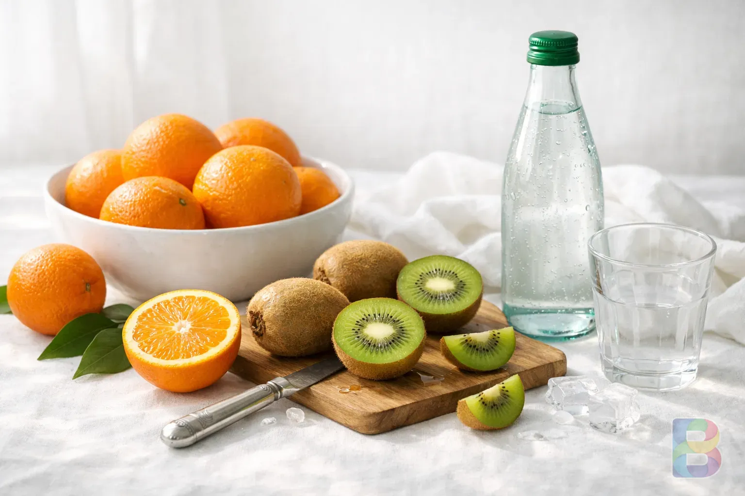 photorealistic, aesthetic arrangement of oranges, kiwis, and a bottle of mineral water on a white linen tablecloth, high key lighting, fresh and clean vibe