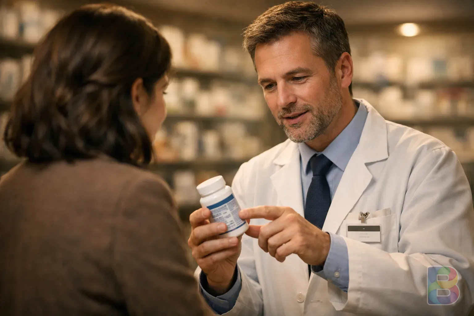 photorealistic, a professional pharmacist explaining the label of a medicine bottle to a customer, warm indoor lighting, blurred pharmacy background, trustworthy mood