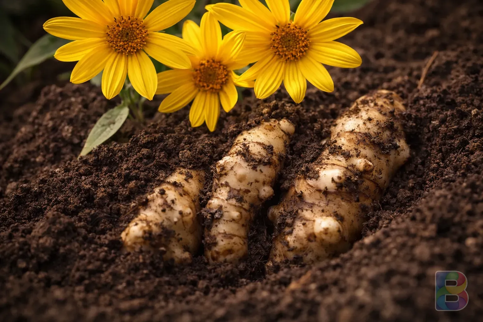 photorealistic, macro shot of Jerusalem artichoke flowers and tubers partially covered in rich soil, professional botanical photography, soft daylight, high detail