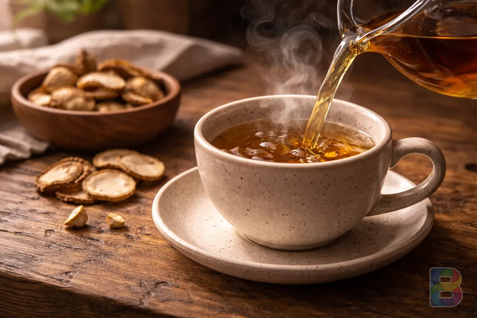 photorealistic, cinematic shot of golden brown roasted Jerusalem artichoke tea being poured into a ceramic cup, steam swirling, warm wooden background, high detail