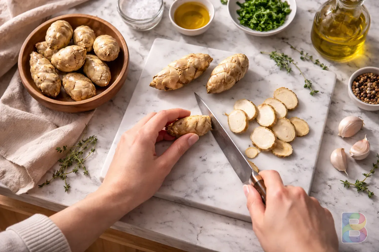 photorealistic, top down view of a person slicing fresh Jerusalem artichokes on a marble board, clean kitchen setting, bright natural light, professional food styling