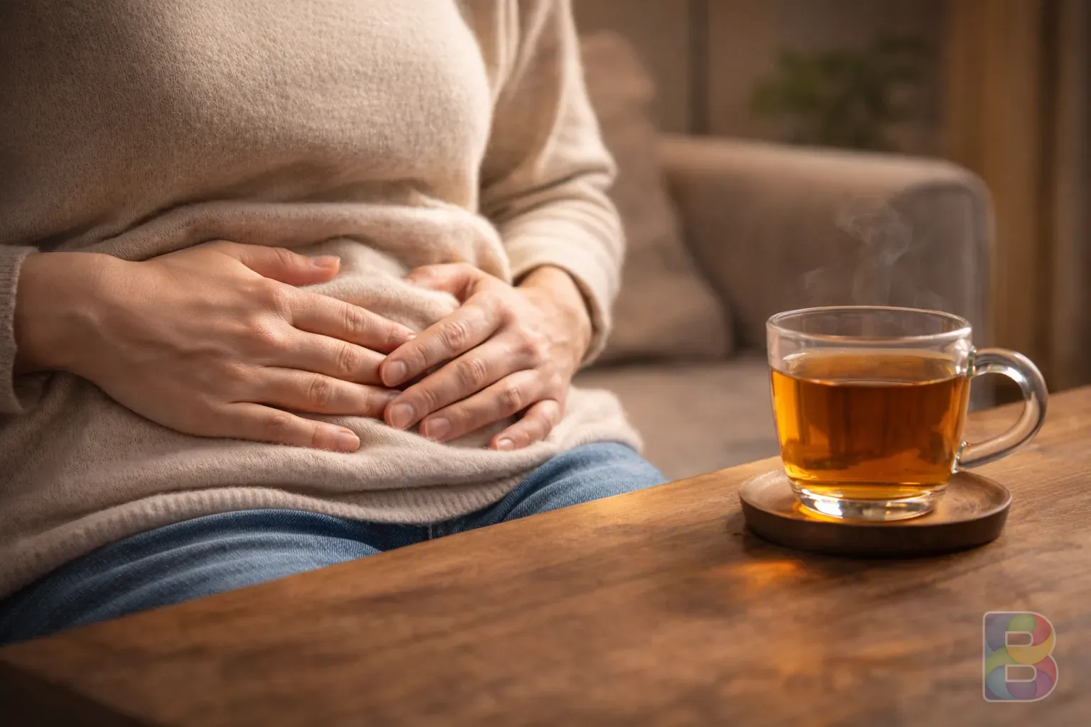 photorealistic, a person feeling bloated and touching their stomach slightly with a glass of tea nearby, soft indoor lighting, realistic domestic scene
