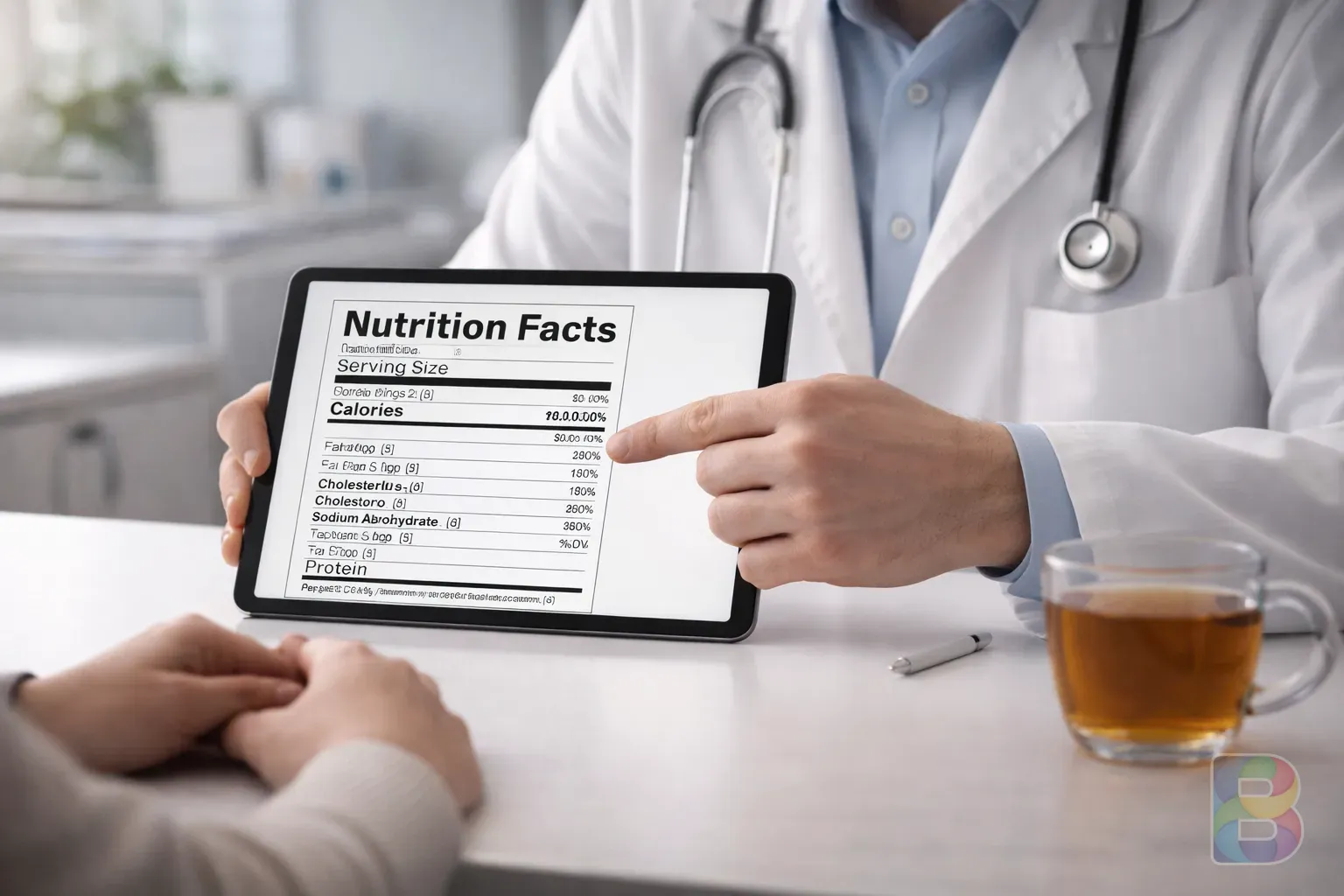 photorealistic, a doctor pointing at a nutrition label on a digital tablet, modern clinic interior, reassuring and professional lighting