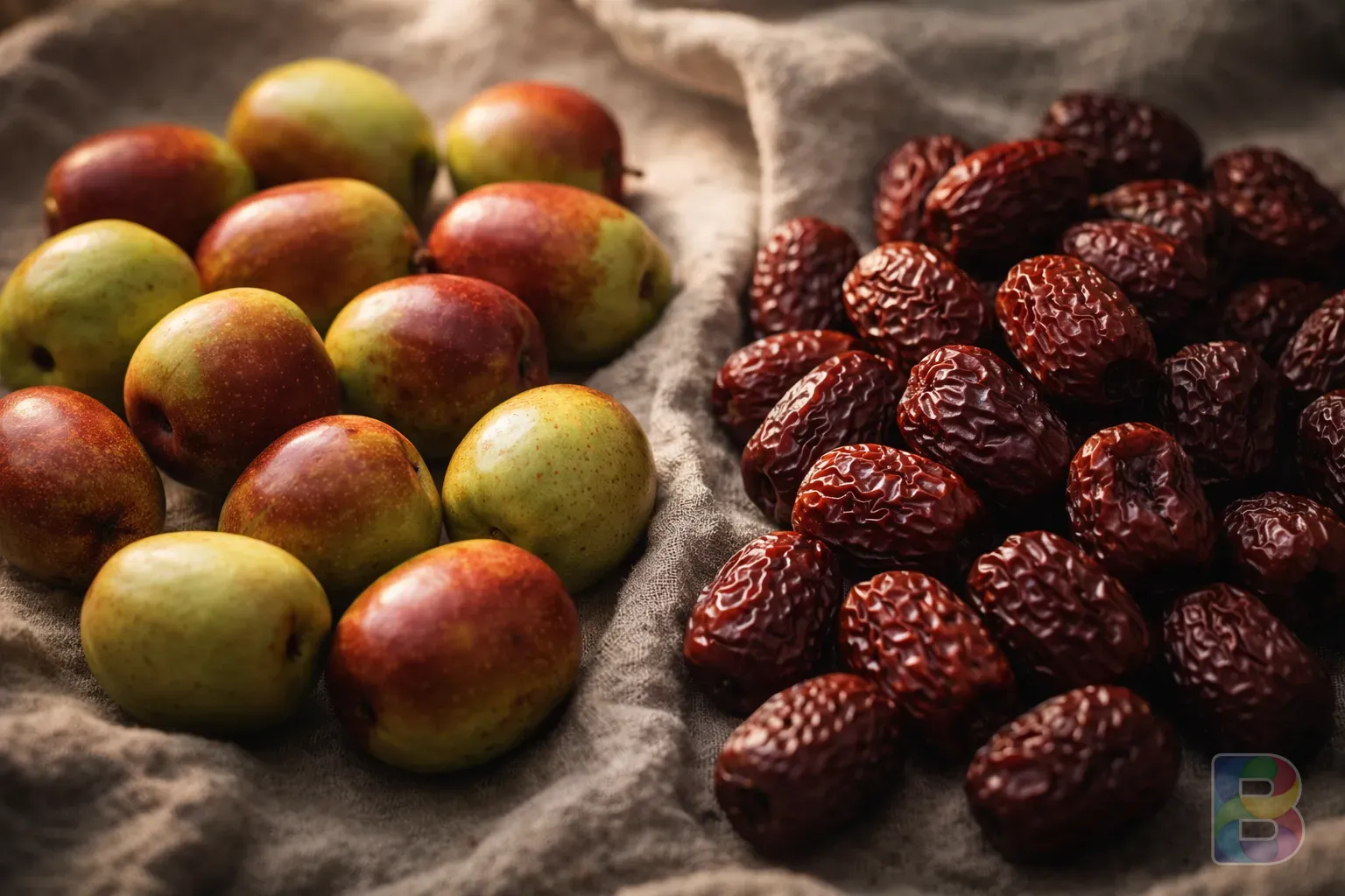 photorealistic, detail shot of fresh green-and-red apple jujubes and dark red dried dates side by side on a linen cloth, soft lighting, organic atmosphere
