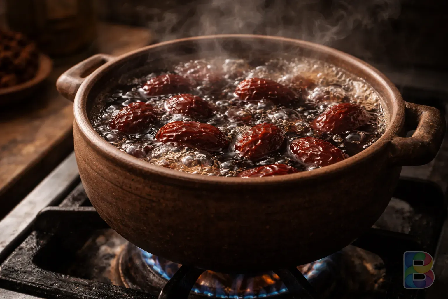 photorealistic, boiling jujubes in a clay pot on a gas stove, bubbles and rich dark liquid, rustic kitchen interior, warm steam, detailed textures