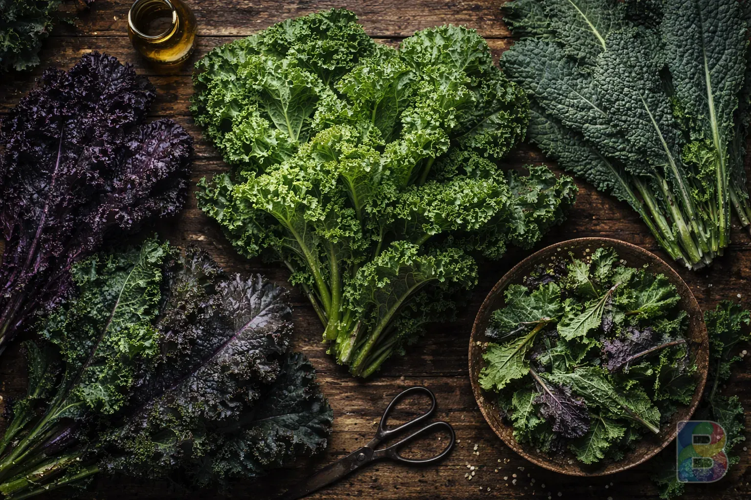 photorealistic, overhead shot of diverse kale varieties on a wooden rustic table, earthy tones, cinematic lighting, high detail food photography