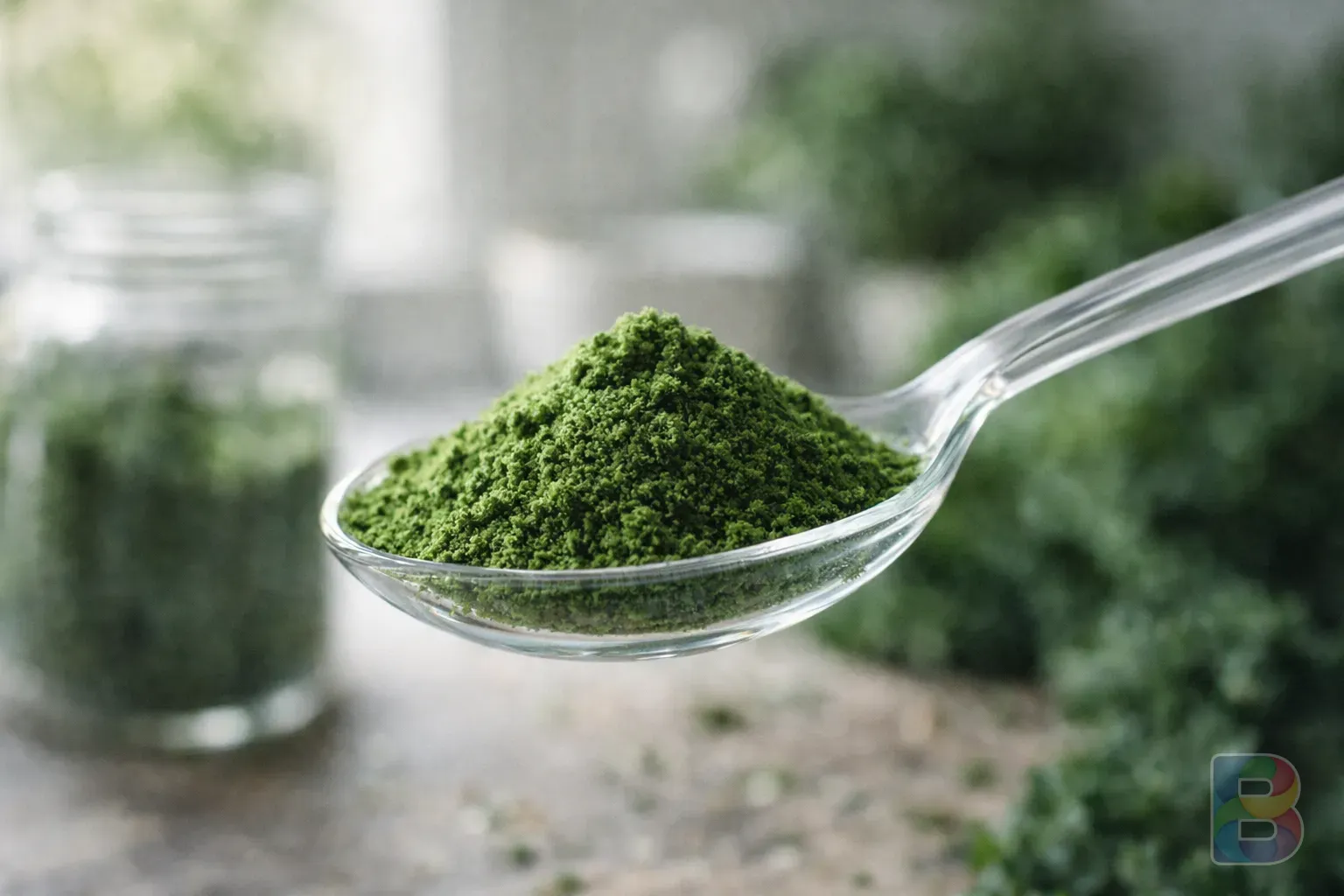 photorealistic, close-up of vibrant green kale powder in a clear glass spoon, blurred kitchen background, bright and clean aesthetic, cinematic lighting