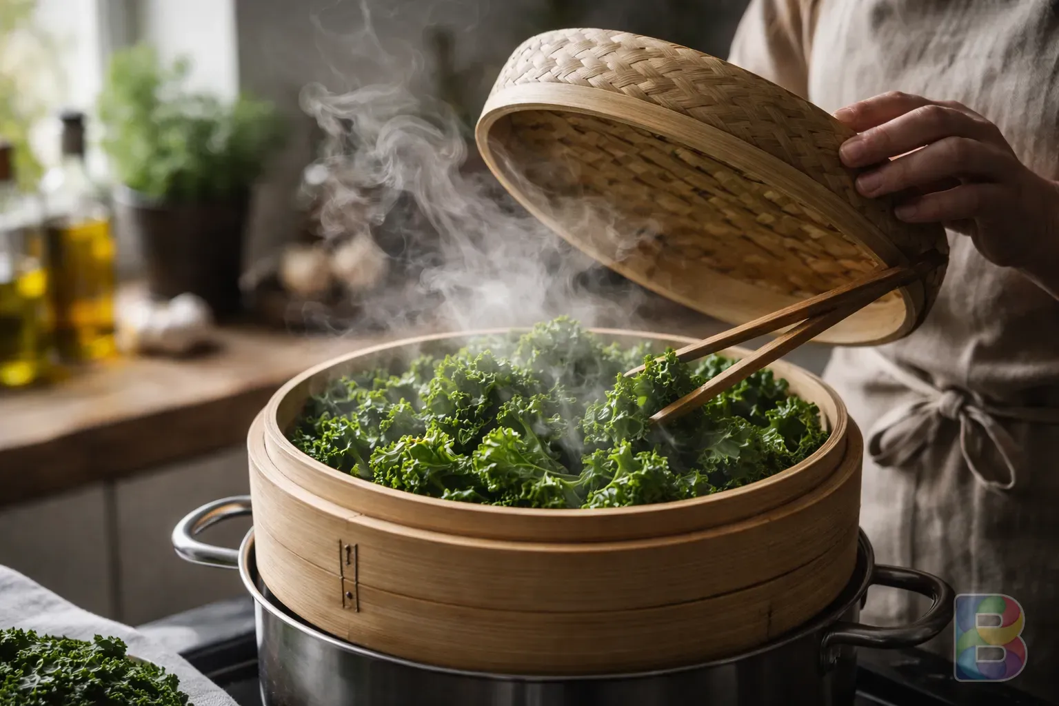 photorealistic, a person lightly steaming kale in a bamboo steamer, steam rising, soft lighting, kitchen interior, sensory details of cooking
