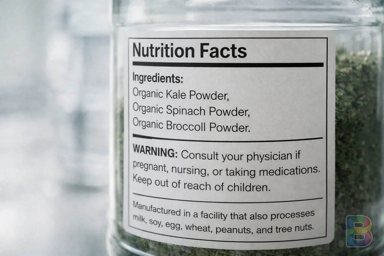 photorealistic, close-up of a nutrition label on a glass jar, focused on ingredients and warnings, clinical environment, clean and professional