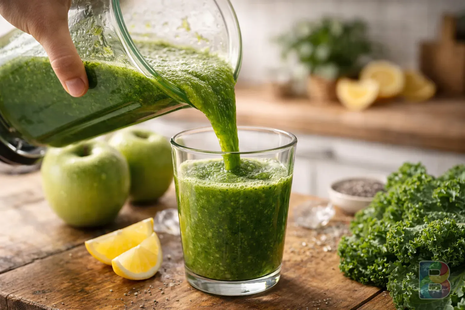 photorealistic, close up of a person pouring vibrant green kale juice into a clear glass, fresh ingredients in the background, bright natural lighting, sharp focus