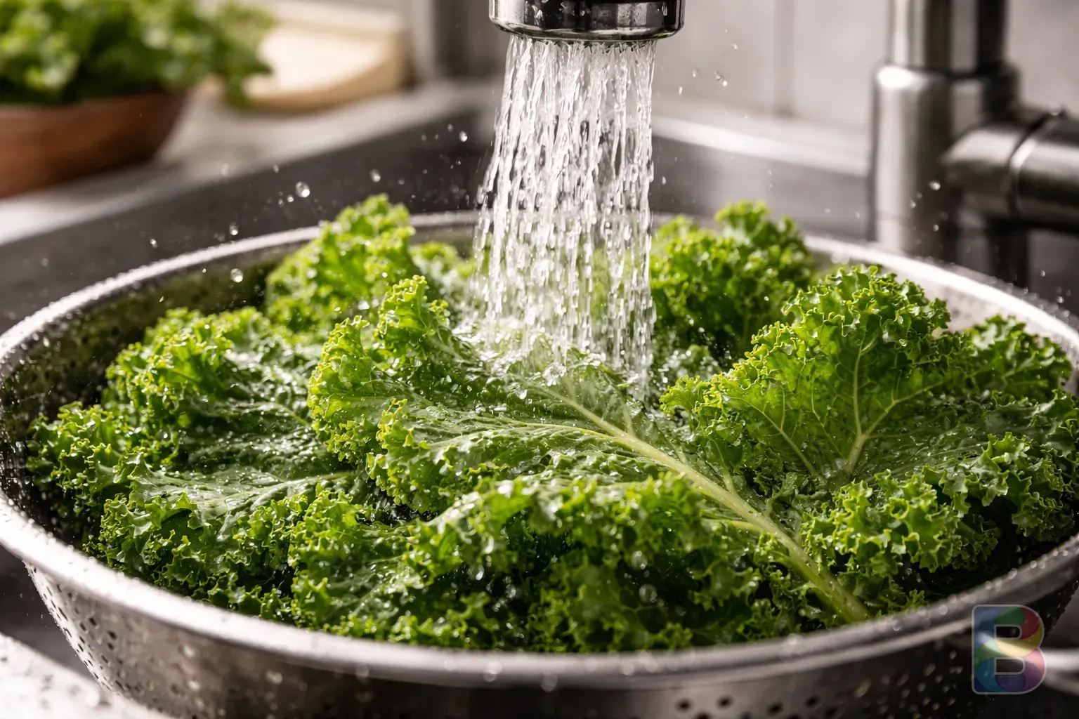 photorealistic, close up of raw kale leaves being washed under a kitchen faucet with water splashing, refreshing and clean feel, cinematic lighting