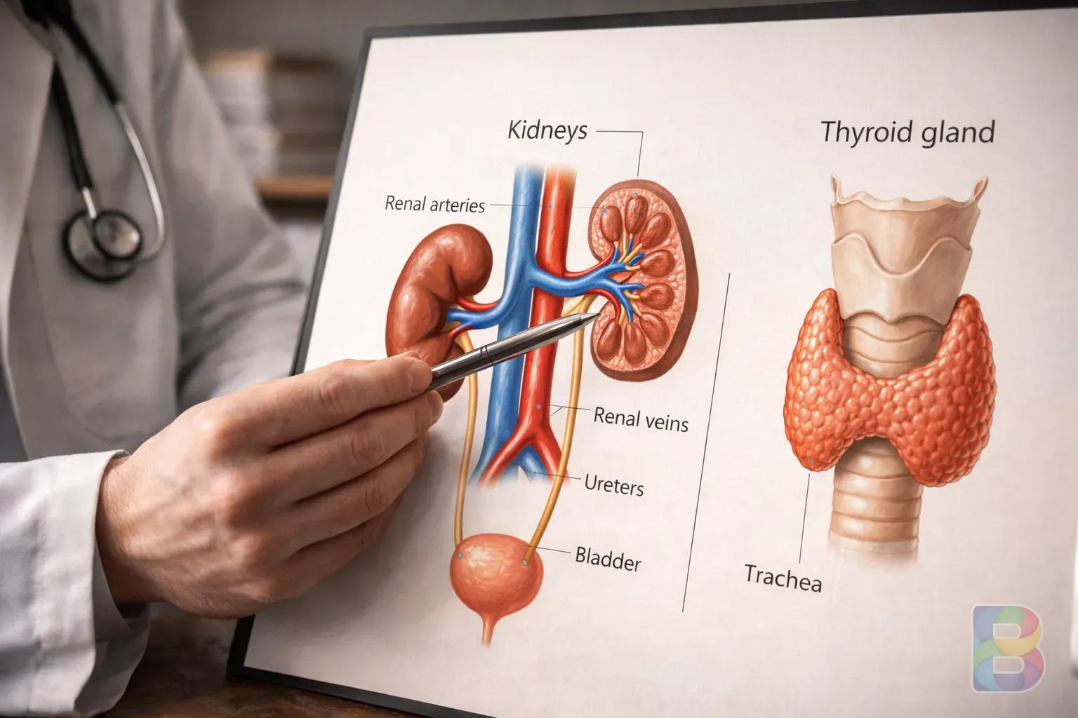 photorealistic, a doctor's hand pointing at a medical chart with kidney and thyroid illustrations, professional and educational setting, soft lighting