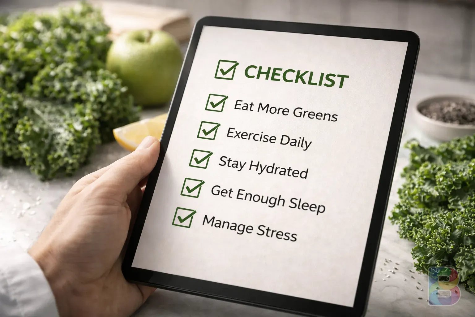 photorealistic, close up of a checklist on a digital tablet with healthy green ingredients in the background, focused and organized mood