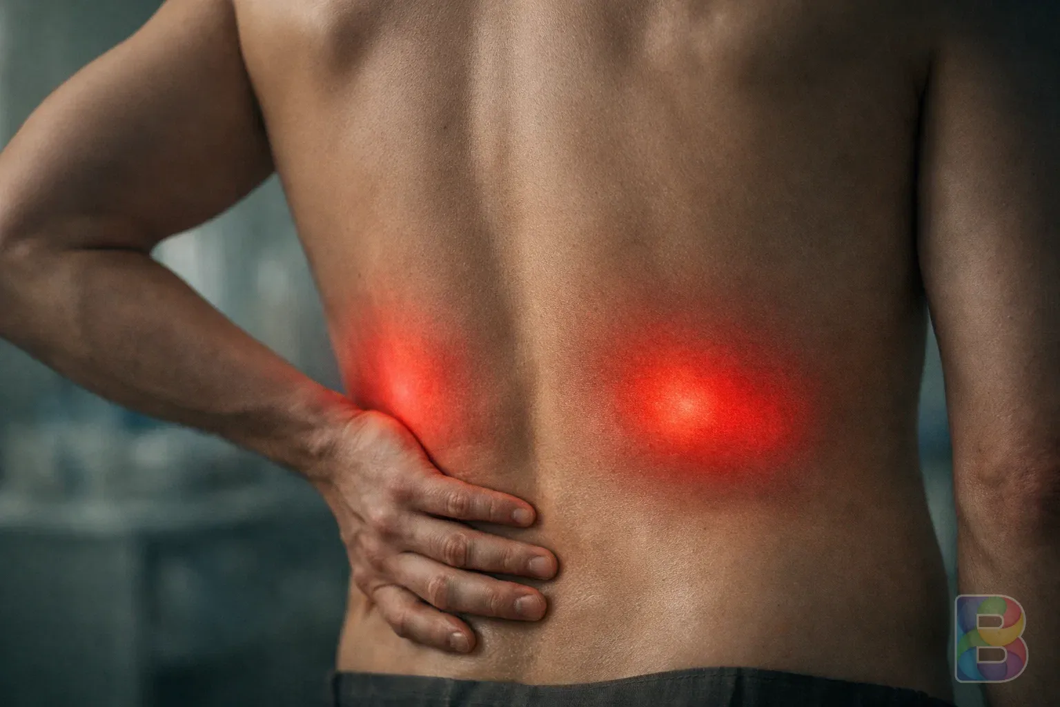 photorealistic, detail shot of a human back with a focus on the kidney area, subtle red glow indicating internal pain, soft focus background, clinical yet emotional