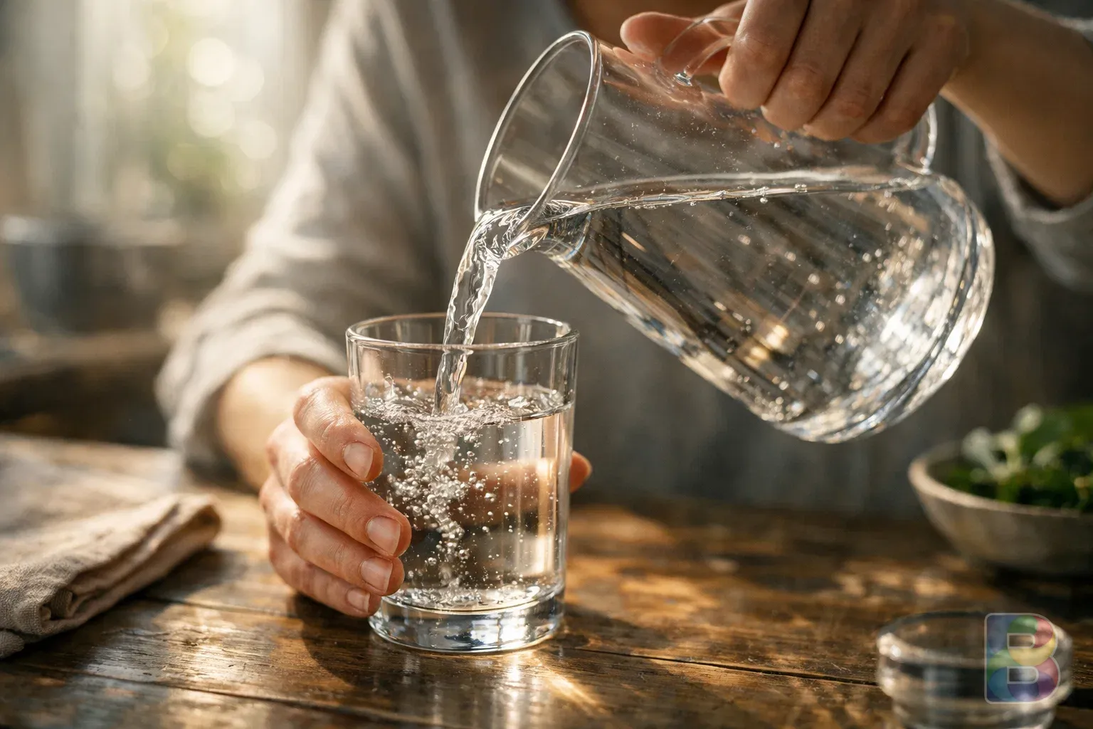 photorealistic, close-up of a person pouring fresh water into a glass, sunlight reflecting through the glass, refreshing and clean atmosphere, high detail