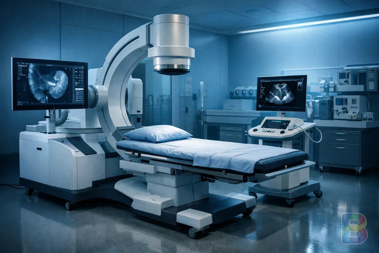 photorealistic, modern medical equipment for lithotripsy in a clean hospital room, soft blue lighting, high-tech and reassuring atmosphere