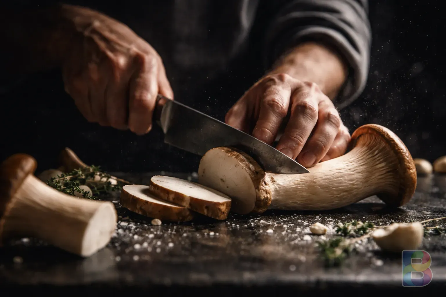 photorealistic, a chef slicing a King Oyster mushroom with a sharp knife on a dark stone countertop, particles of water in the air, dramatic side lighting, macro shot