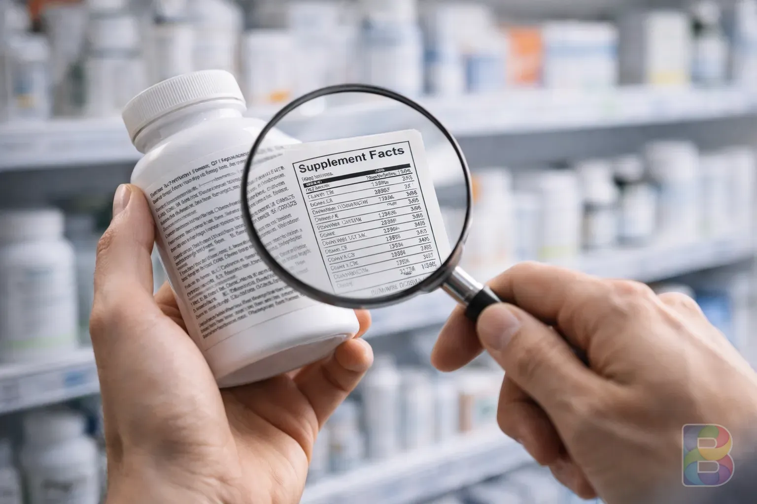 photorealistic, a person reading a supplement label with magnifying glass in a bright pharmacy, high detail, realistic lighting