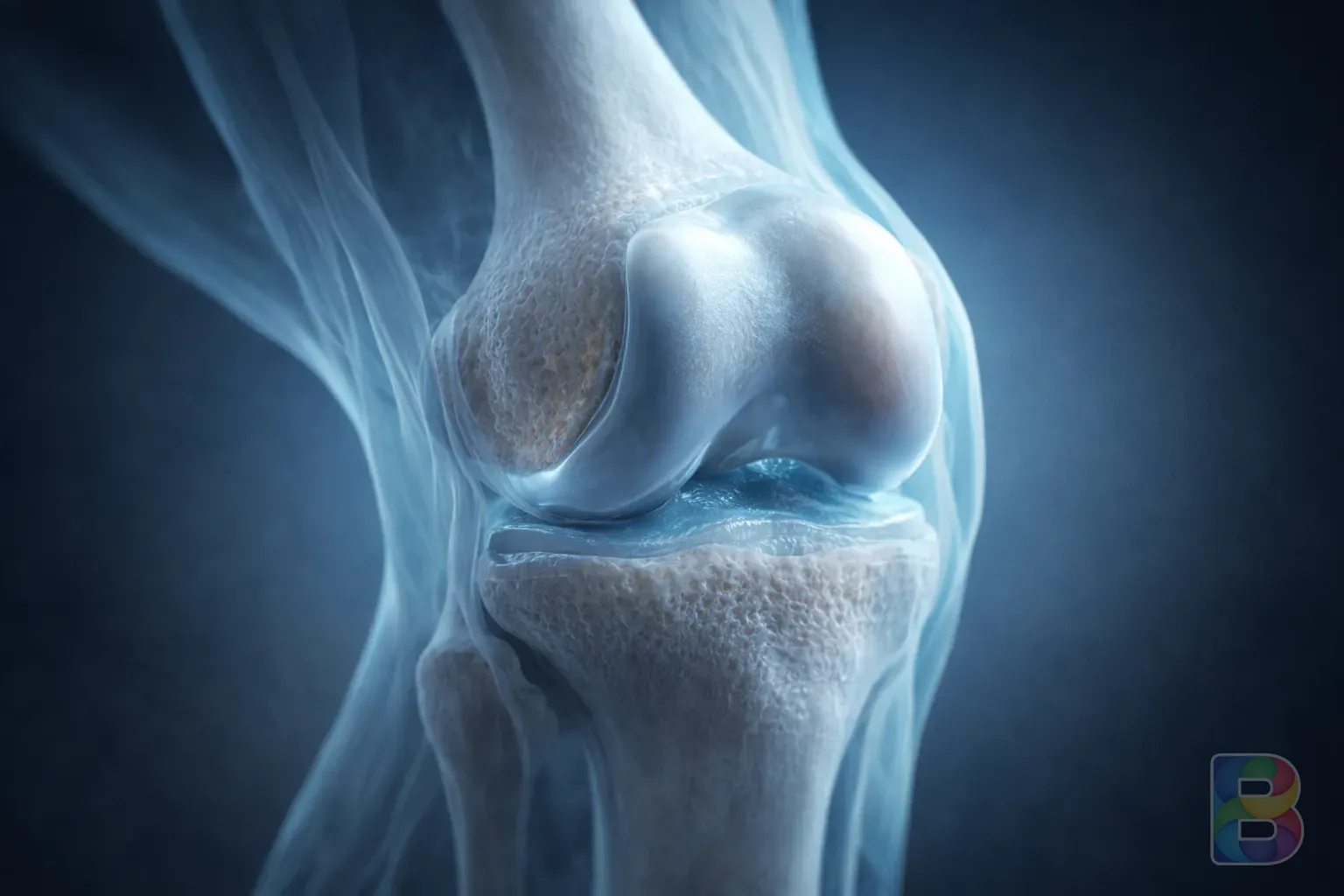 photorealistic, anatomical 3D illustration of a human knee joint showing the patella and underlying cartilage, soft medical blue lighting, high detail, scientific yet artistic