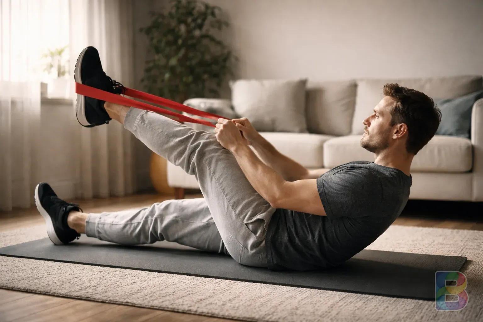 photorealistic, a person in comfortable athletic wear performing physical therapy exercises on a yoga mat in a bright minimalist living room, soft natural light, cinematic side view