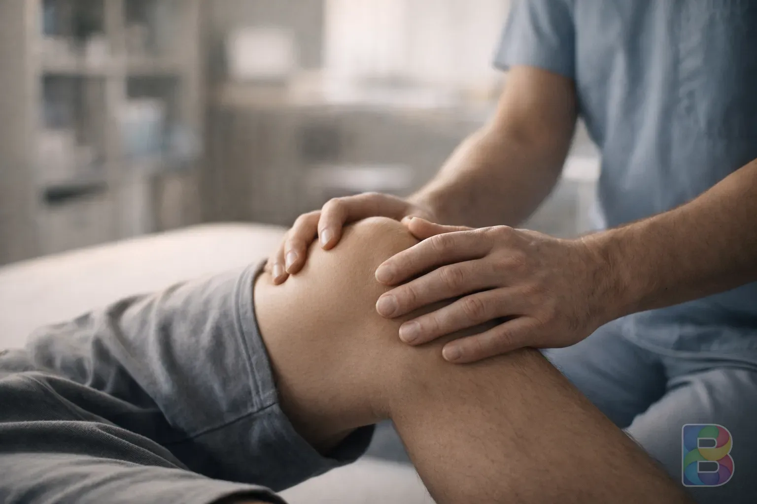 photorealistic, close-up shot of a physical therapist's hands gently examining a patient's knee, professional clinical setting, soft focus background, calming tones