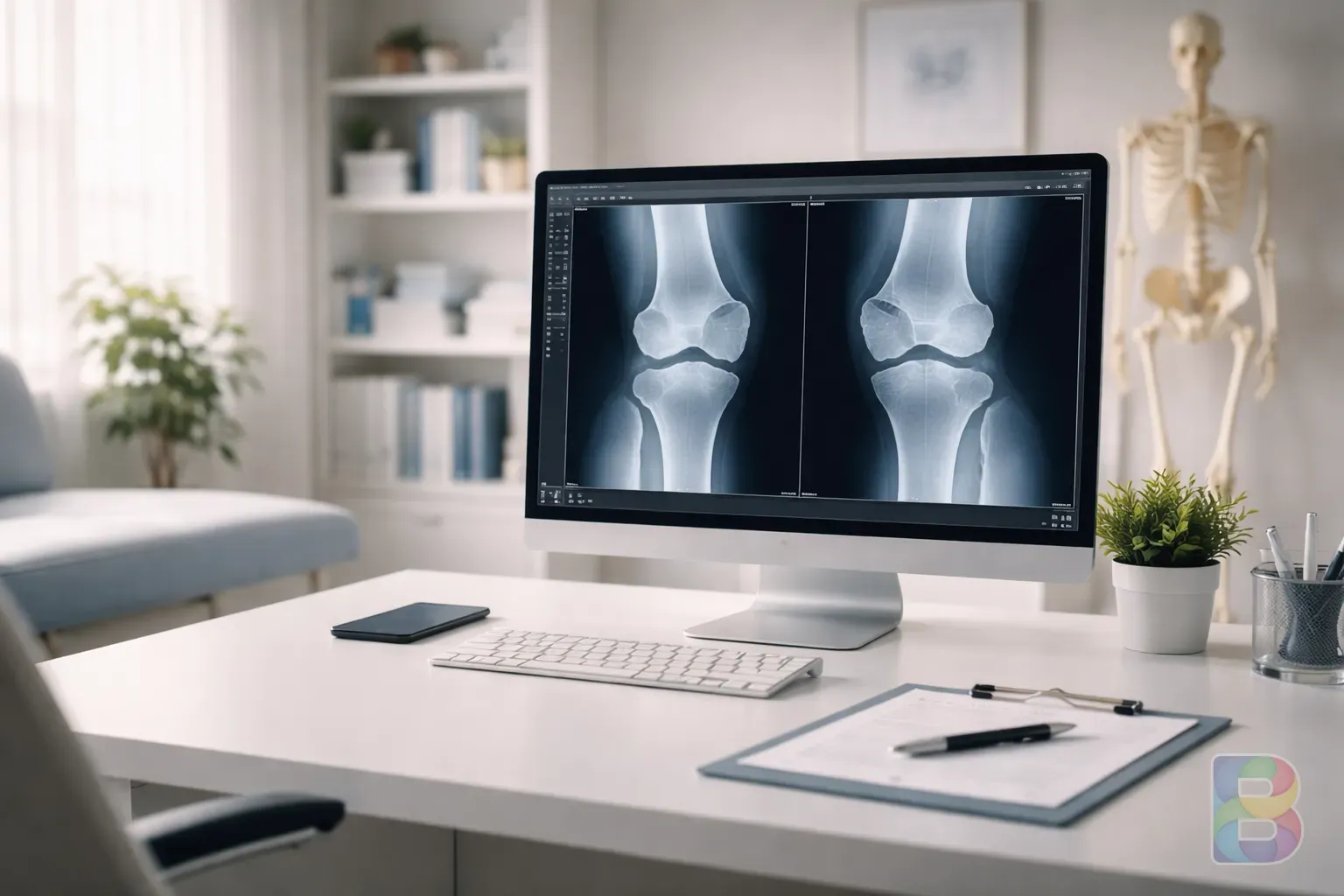photorealistic, a modern doctor's office with a computer screen showing knee X-ray images, bright and clean clinical environment, professional atmosphere