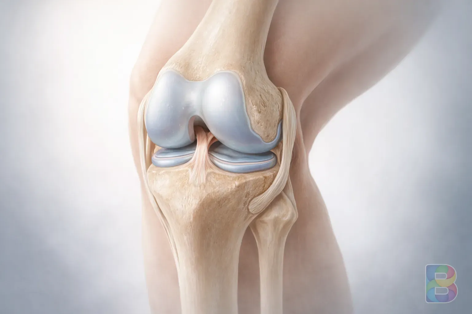 photorealistic, anatomical close-up of a human knee joint showing cartilage and ligaments, clean clinical medical illustration style, soft lighting