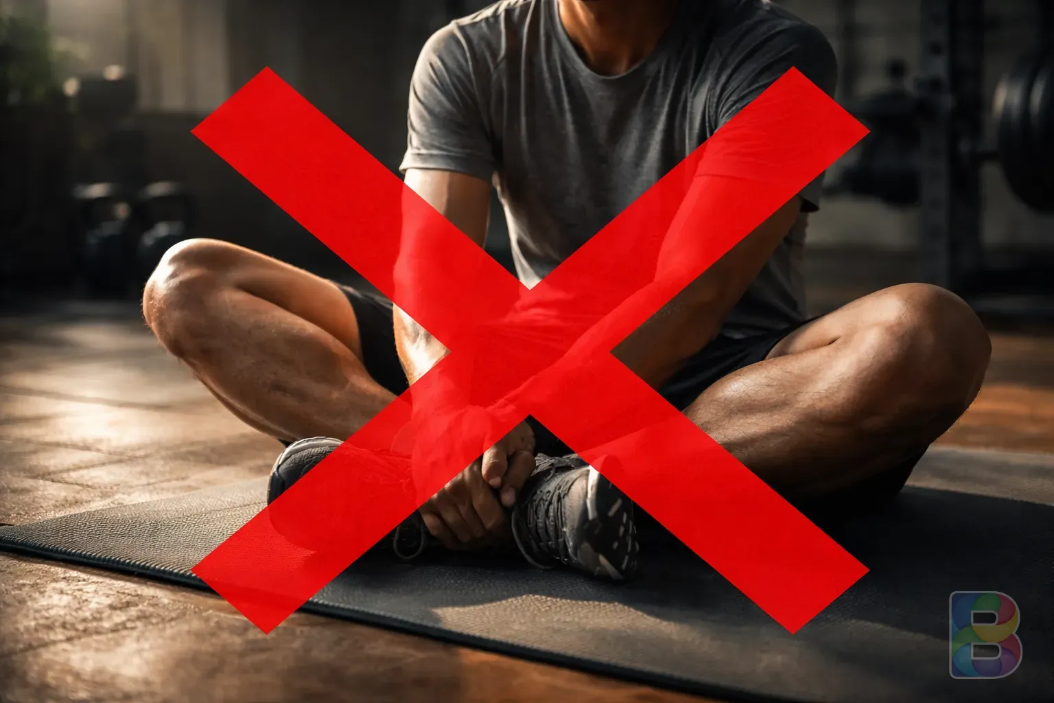 photorealistic, close-up of a person sitting cross-legged on a hard floor with a red 'X' overlay, dramatic lighting, high contrast