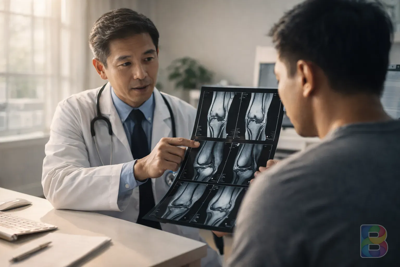 photorealistic, a specialized doctor reviewing a knee MRI scan with a patient in a bright consultation room, clinical and reassuring atmosphere