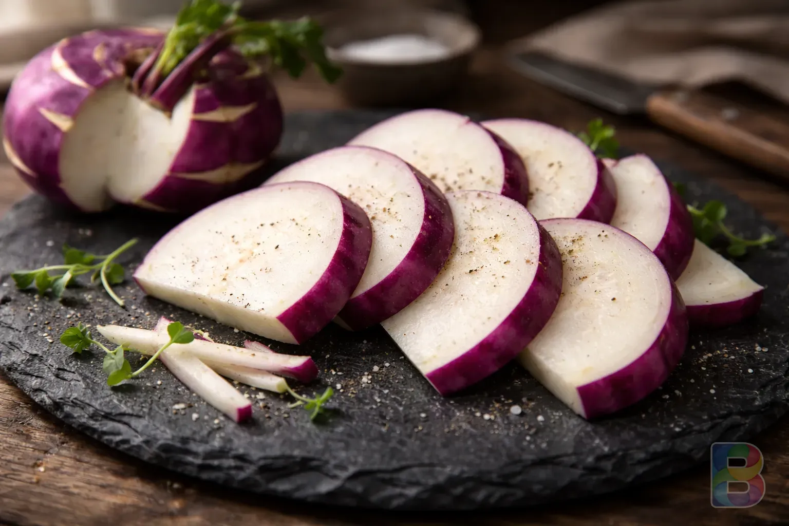 photorealistic, sliced kohlrabi arranged artfully on a dark slate plate, focus on the crisp white flesh and purple skin, high detail, kitchen atmosphere