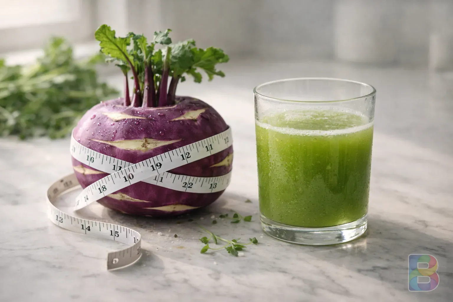 photorealistic, a measuring tape around a kohlrabi and a glass of fresh green juice, bright and clean aesthetic, health and wellness mood, soft focus background
