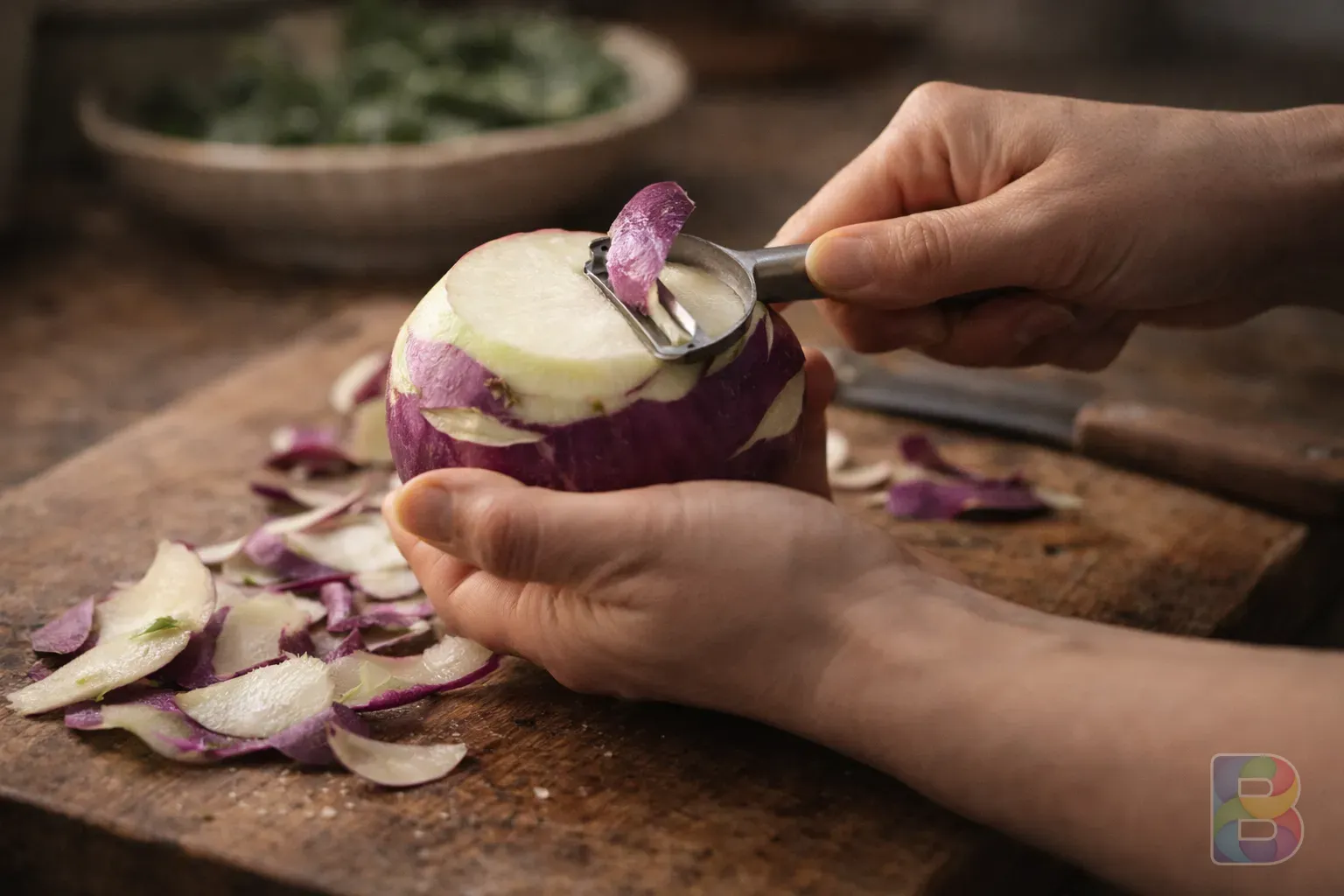 photorealistic, close-up of a person's hands peeling kohlrabi, focus on the texture of the peel, warm interior lighting, authentic kitchen moment