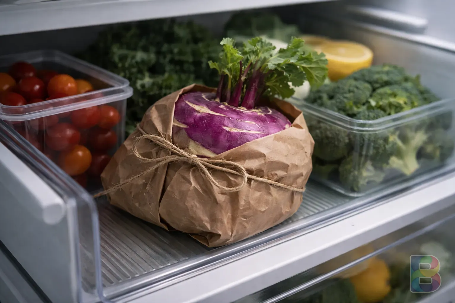photorealistic, kohlrabi wrapped in brown paper inside a refrigerator drawer, organized and clean, cool lighting
