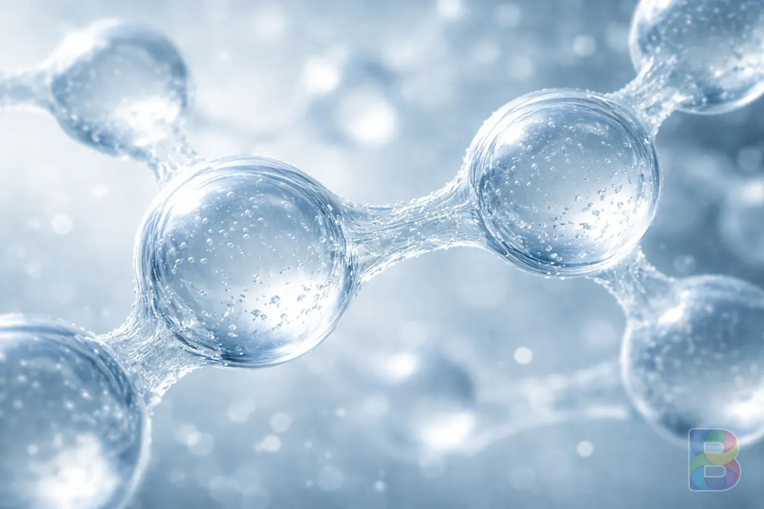 photorealistic, detail shot of glucomannan fiber structure metaphorically represented by smooth transparent spheres, clinical and clean background, soft blue tones