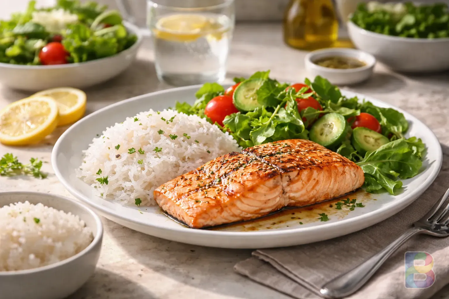 photorealistic, a healthy meal set with konjac rice, grilled salmon, and green salad, bright kitchen morning light, cinematic lighting, high detail