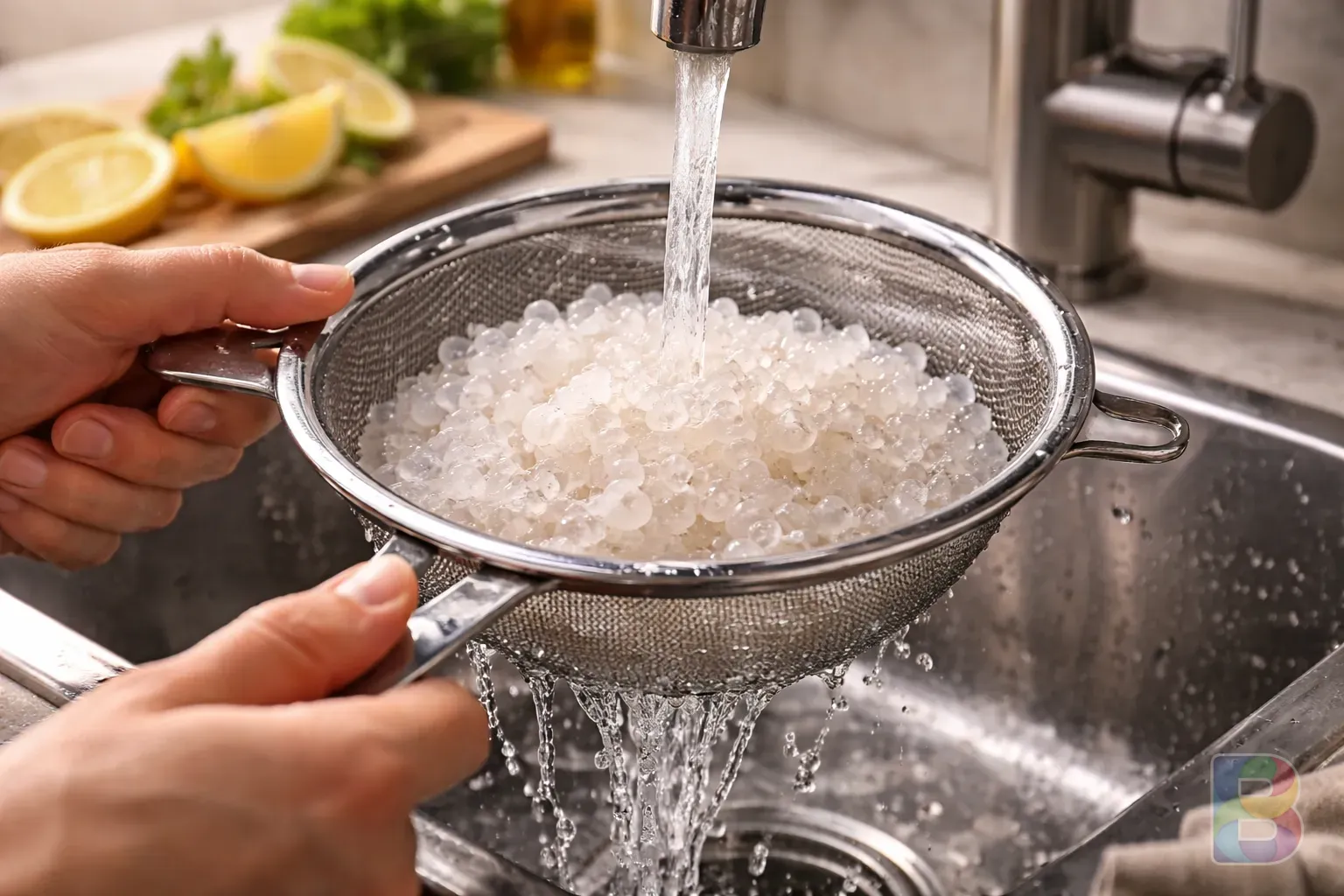 photorealistic, hand rinsing konjac pearls in a metal strainer under running water, kitchen sink setting, clean and fresh atmosphere, high water detail